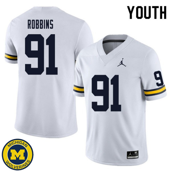 Youth University of Michigan #91 Brad Robbins White NCAA Player Game Jersey